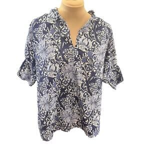 Finley SZ M Crosby Blouse in Blue Iris Print 100% Cotton Ruffle Floral Cottage